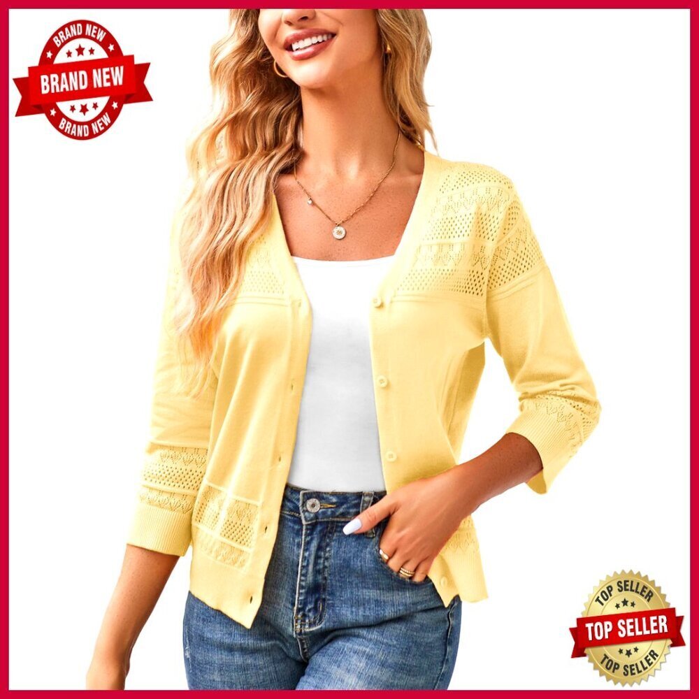 Cropped Cardigan 3/4 Sleeve Lightweight Crochet Knit Sweater Chic Elegant